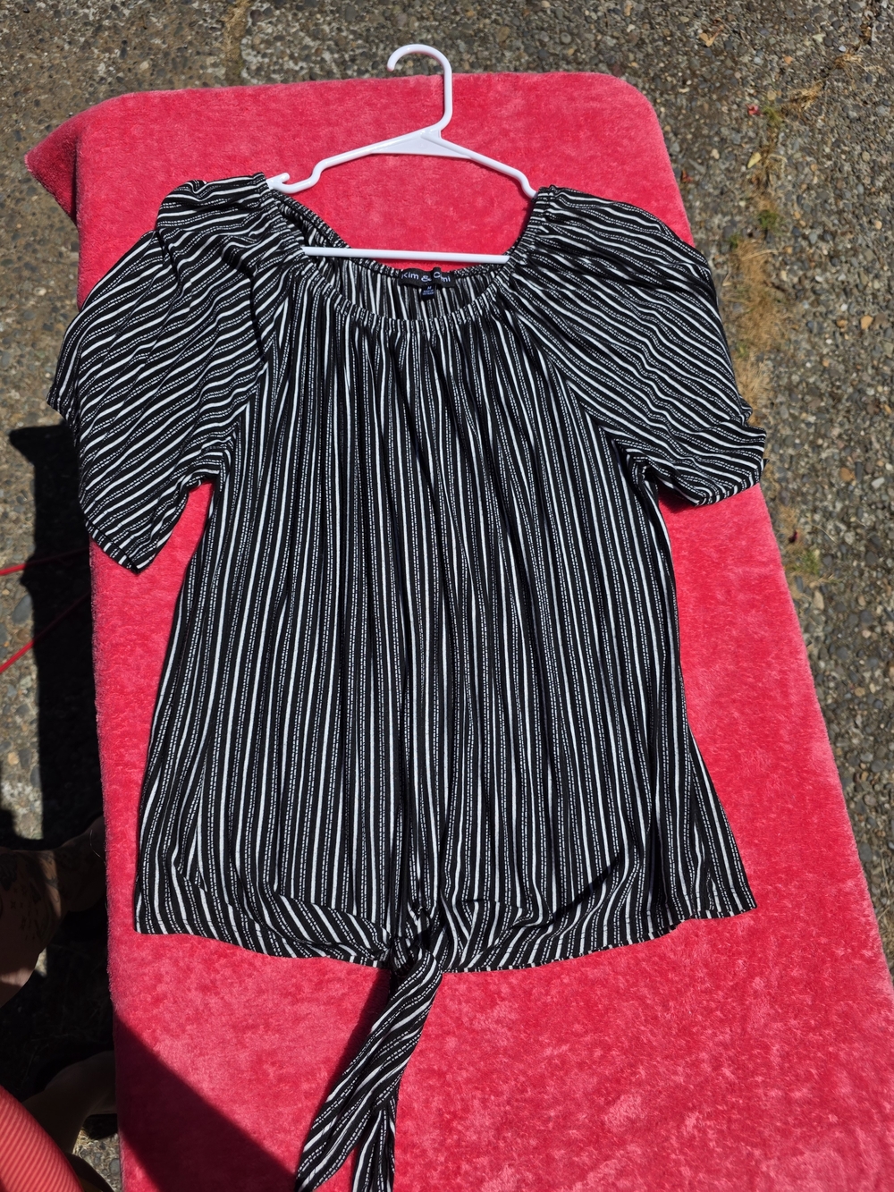 Doublju Black & White Striped Tie-Front Peasant Top